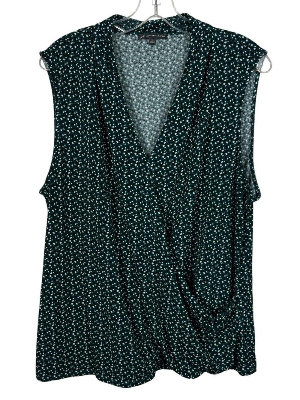 Adrianna Papell Emerald Green Diamond Pattern Faux Wrap No-Iron Liquid Knit Top